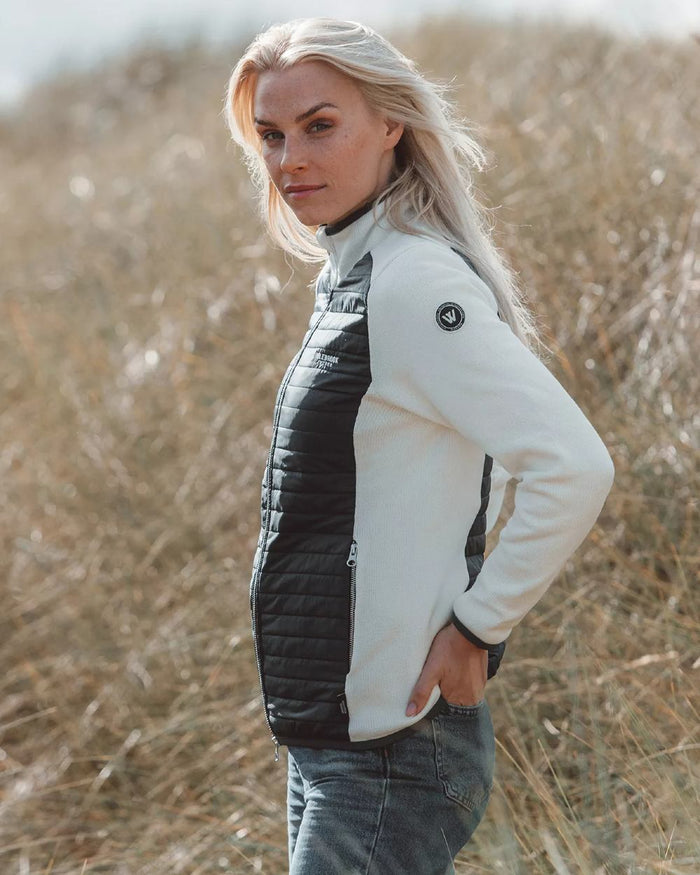 Off White Navy Coloured Holebrook Womens Mimmi Fullzip Knitted Wind-Lined Jacket on outdoor background #colour_off-white-navy
