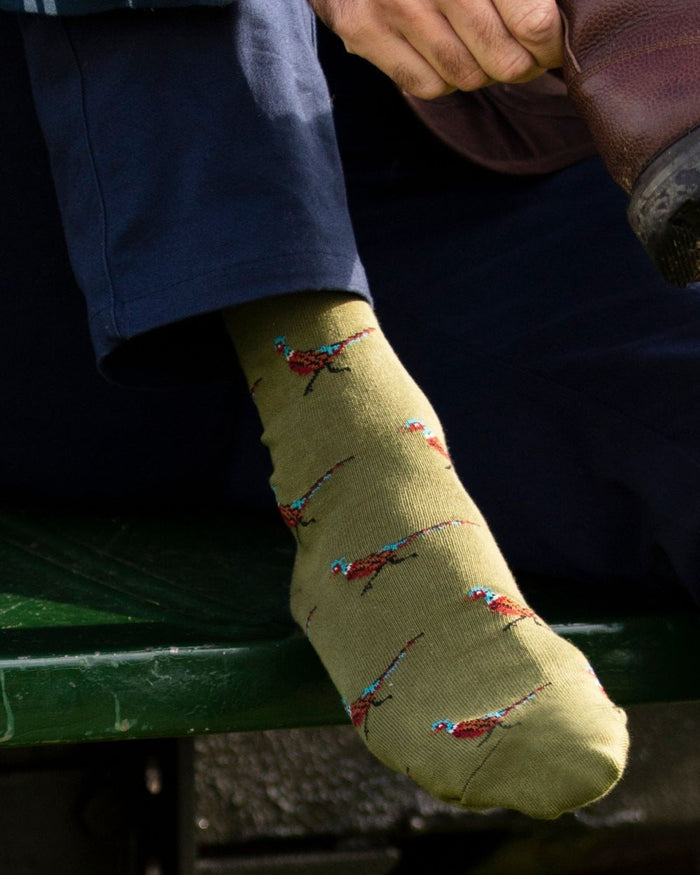Pheasant coloured House of Cheviot Cotton Socks on car background #colour_pheasant