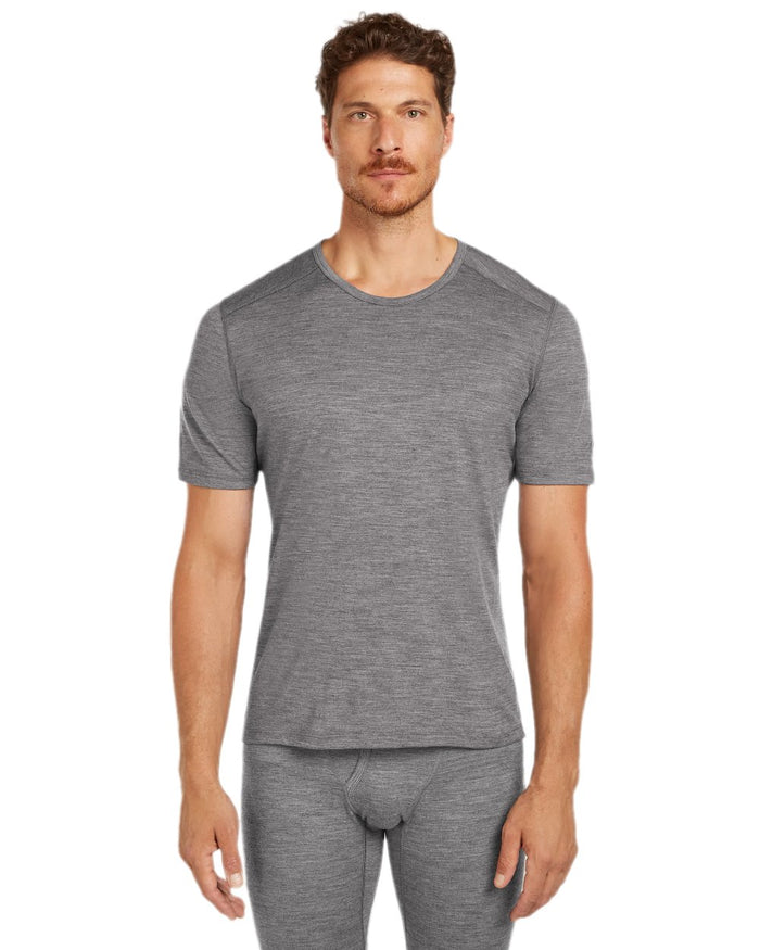 Gritstone Heather Coloured Icebreaker Mens Merino 200 Oasis Crew Short Sleeve Thermal Top on white background #colour_gritstone-heather
