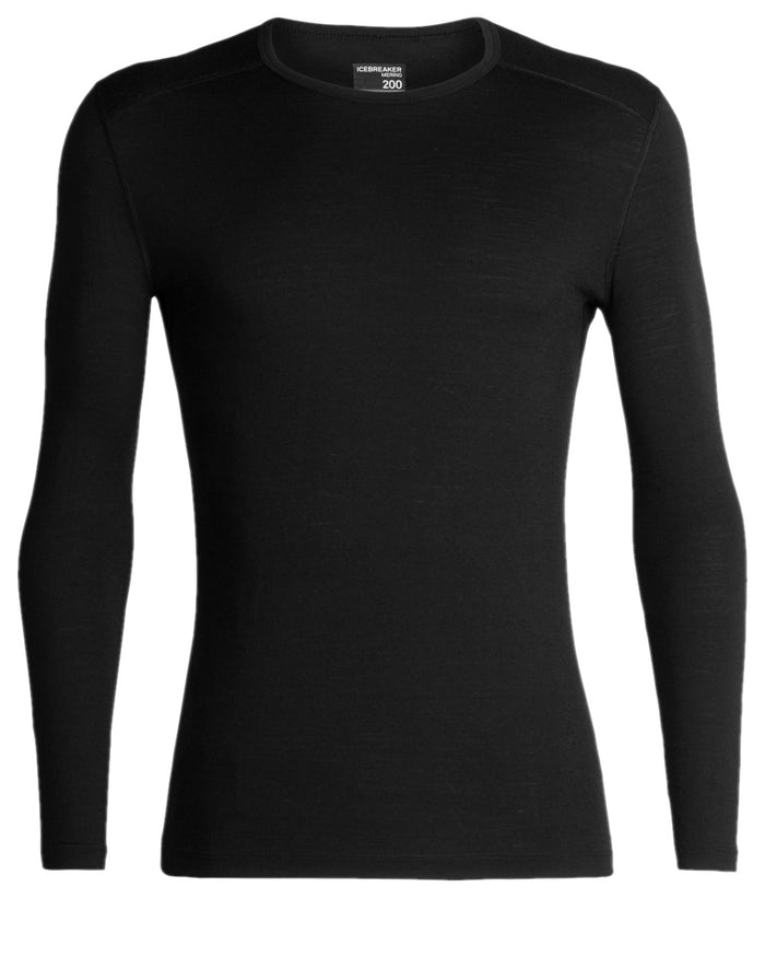 Black Coloured Icebreaker Mens Merino 200 Oasis Crewe Thermal Top on white background #colour_black