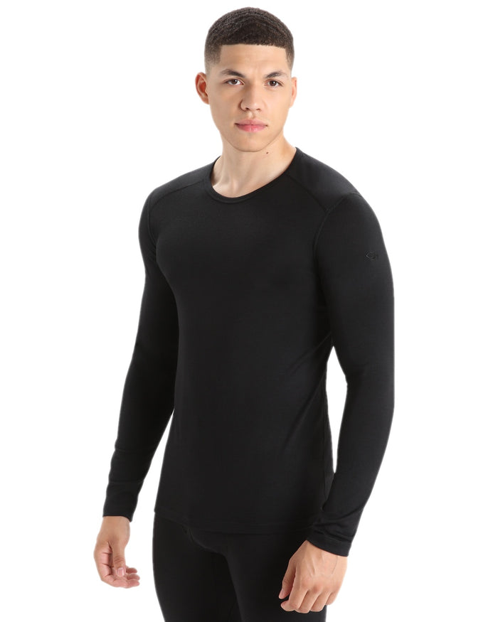 Black Coloured Icebreaker Mens Merino 200 Oasis Crewe Thermal Top on white background #colour_black