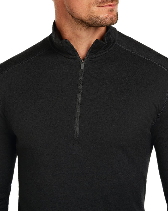 Black Coloured Icebreaker Mens Merino 200 Oasis Half Zip Thermal Top on white background #colour_black