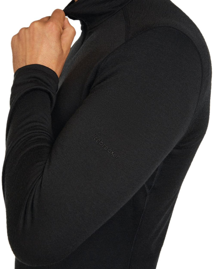 Black Coloured Icebreaker Mens Merino 200 Oasis Half Zip Thermal Top on white background #colour_black