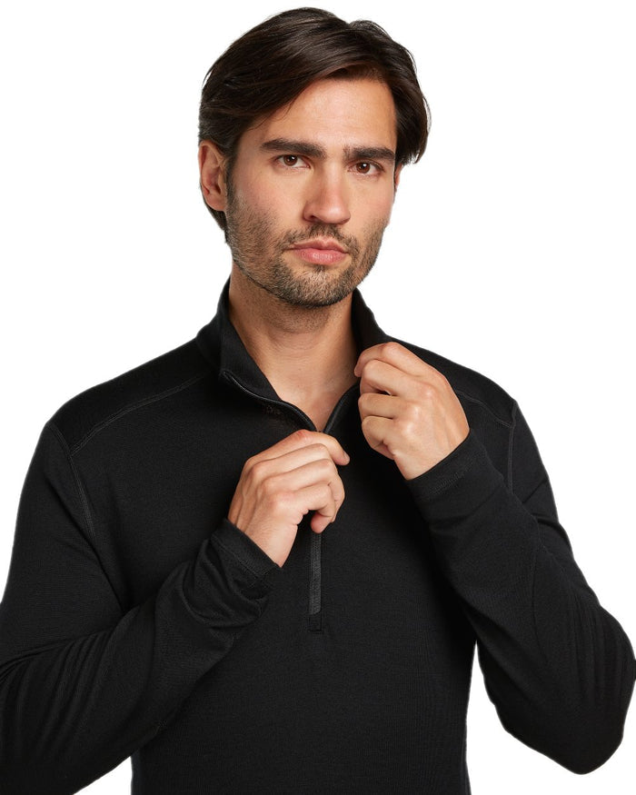 Black Coloured Icebreaker Mens Merino 260 Tech Half Zip Thermal Top on white background #colour_black
