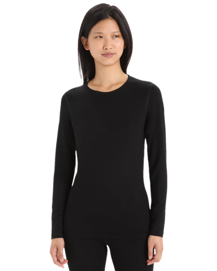 Black Coloured Icebreaker Womens 260 Tech Crew Thermal Top on white background #colour_black