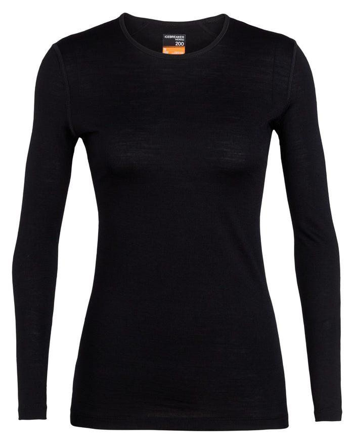 Black Coloured Icebreaker Womens Merino 200 Oasis Crewe Thermal Top on white background #colour_black