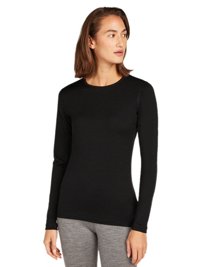 Black Coloured Icebreaker Womens Merino 200 Oasis Crewe Thermal Top on white background #colour_black