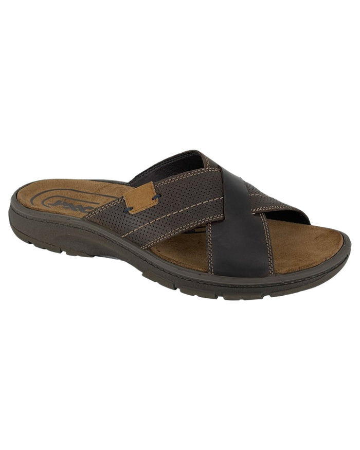 Brown coloured Imac Mens Waxy Leather Crossover Mule Sandals on white background #colour_brown