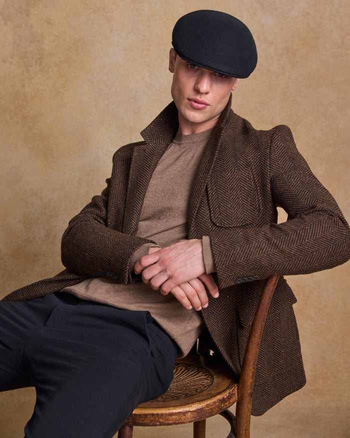 Black Coloured Jack Murphy Mens Galway Felt Flat Cap on indoor background #colour_black