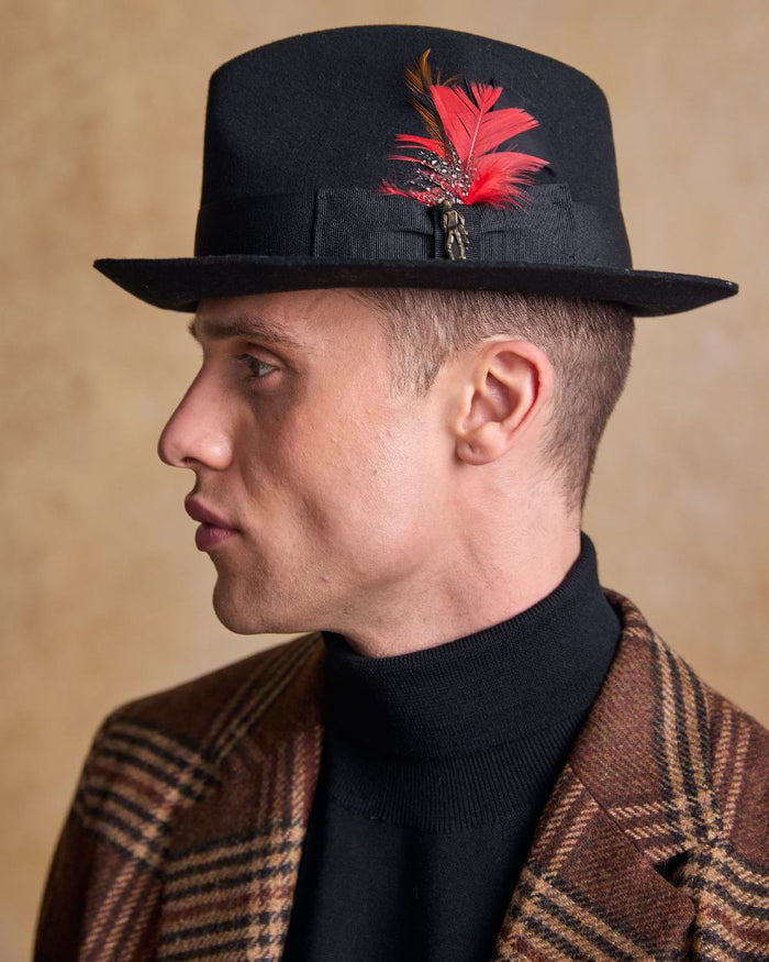 Black Coloured Jack Murphy Mens Kildare Trilby Felt Hat on indoor background #colour_black