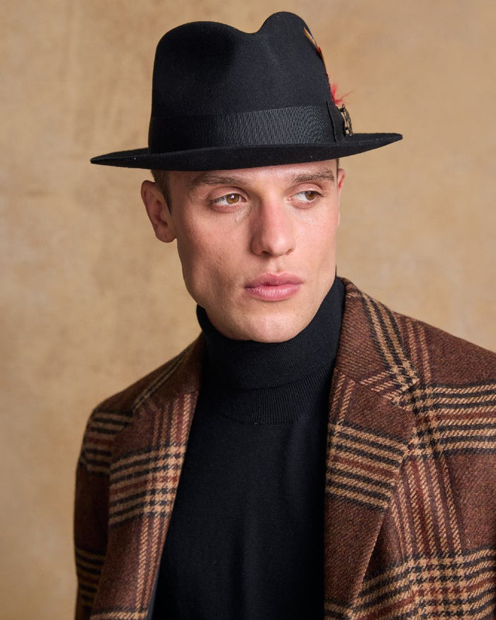 Black Coloured Jack Murphy Mens Kildare Trilby Felt Hat on indoor background #colour_black