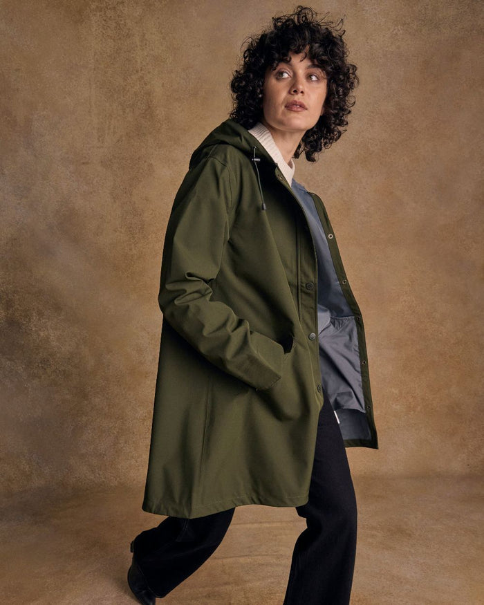 Olive Coloured Jack Murphy Womens Fiadh Waterproof Jacket on indoor background #colour_olive