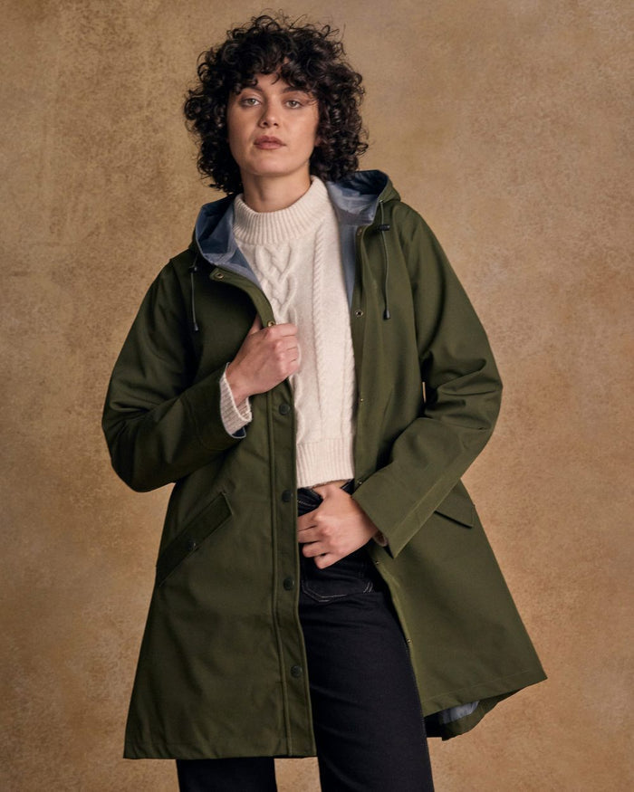 Olive Coloured Jack Murphy Womens Fiadh Waterproof Jacket on indoor background #colour_olive