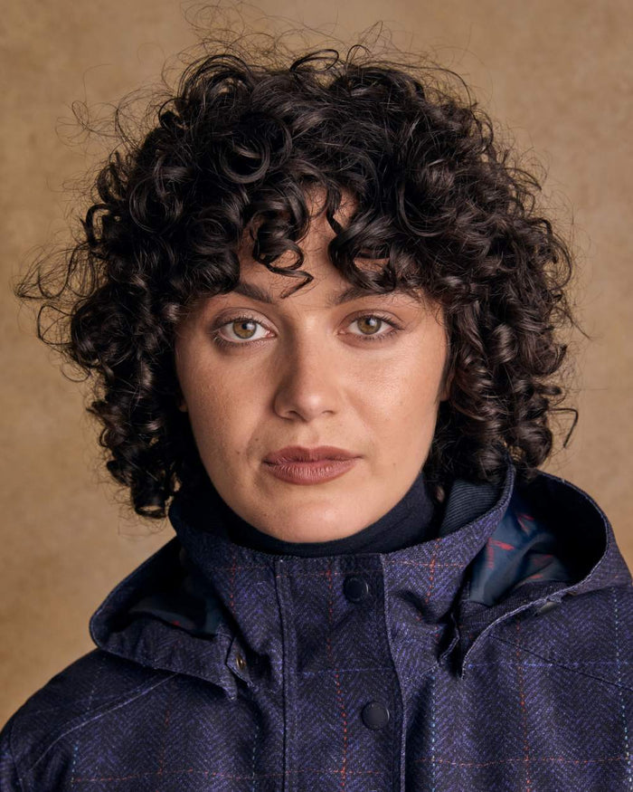 Navy Windowpane Digital Print coloured Jack Murphy Womens Sophia Waterproof Jacket on textured background #colour_navy-windowpane-digital-print