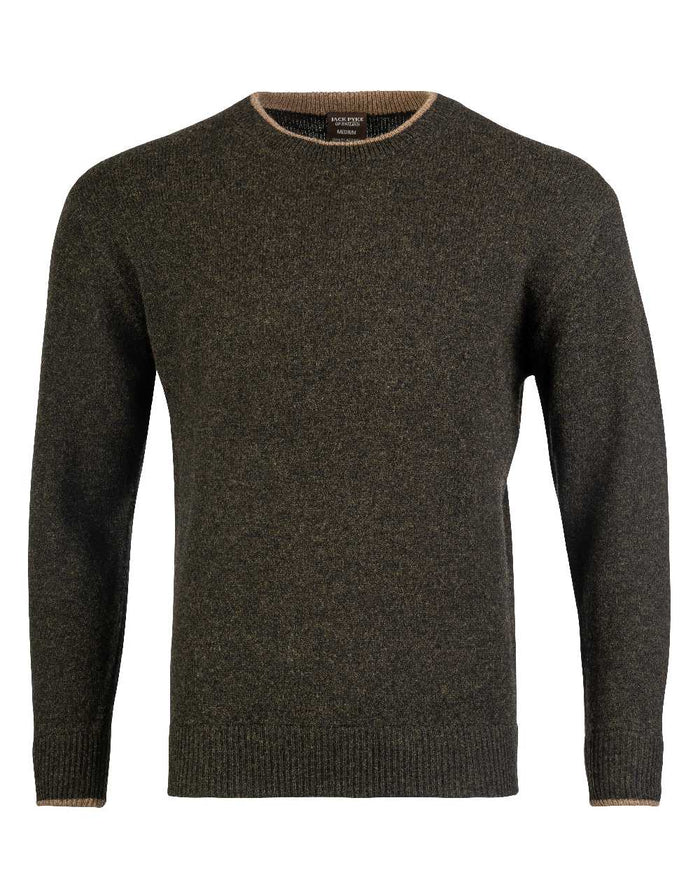 Dark Olive coloured Jack Pyke Ashcombe Lambswool Crewknit Pullover on white background #colour_dark-olive