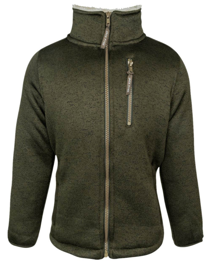 Dark Olive Coloured Jack Pyke Childrens Scandinavian Fleece Jacket on white background #colour_dark-olive
