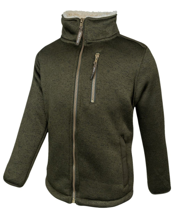 Dark Olive Coloured Jack Pyke Childrens Scandinavian Fleece Jacket on white background #colour_dark-olive