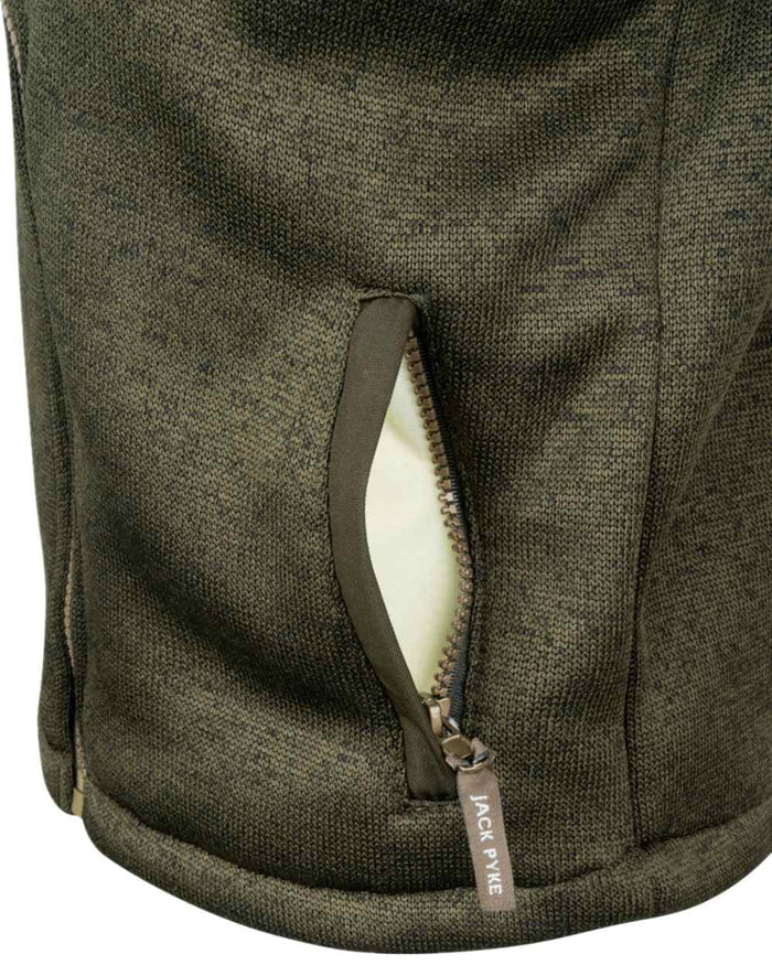 Dark Olive Coloured Jack Pyke Childrens Scandinavian Fleece Jacket on white background #colour_dark-olive