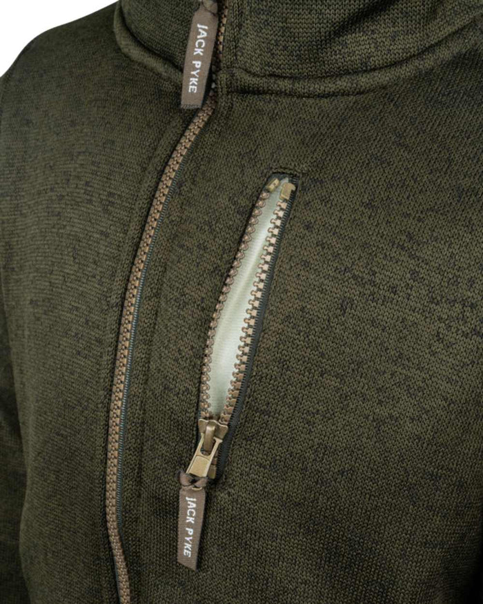 Dark Olive Coloured Jack Pyke Childrens Scandinavian Fleece Jacket on white background #colour_dark-olive