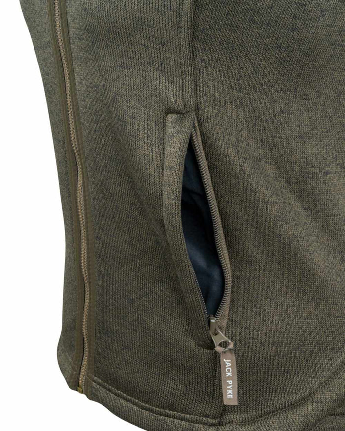 Dark Olive coloured Jack Pyke Ladies Melange Fleece Gilet on white background #colour_dark-olive