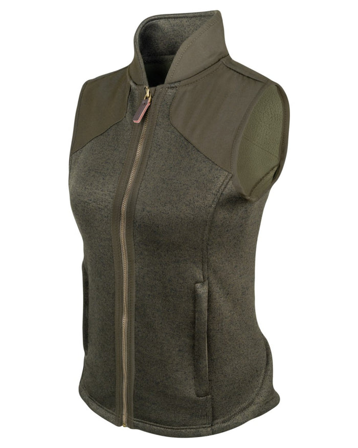 Dark Olive coloured Jack Pyke Ladies Melange Fleece Gilet on white background #colour_dark-olive