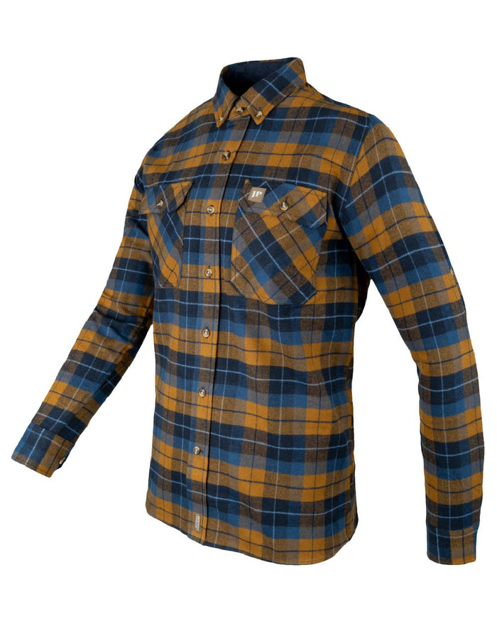 Navy Russet coloured Jack Pyke Mens Bleasdale Heavy Flannel Shirt on white background #colour_navy-russet