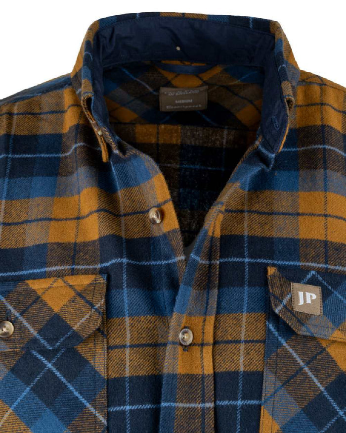 Navy Russet coloured Jack Pyke Mens Bleasdale Heavy Flannel Shirt on white background #colour_navy-russet