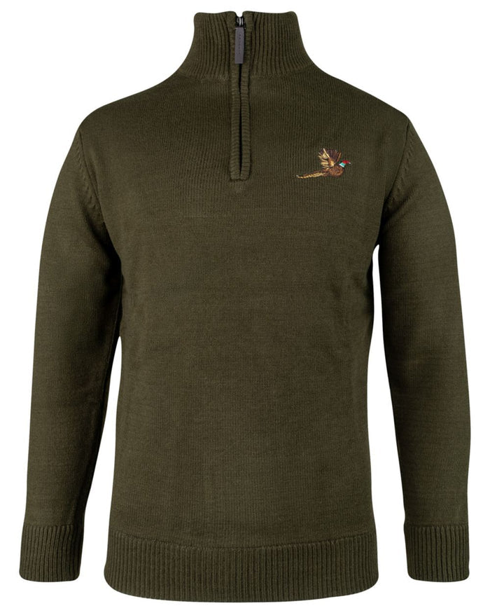 Olive Coloured Jack Pyke Mens Pheasant Zip Neck Pullover on white background #colour_olive