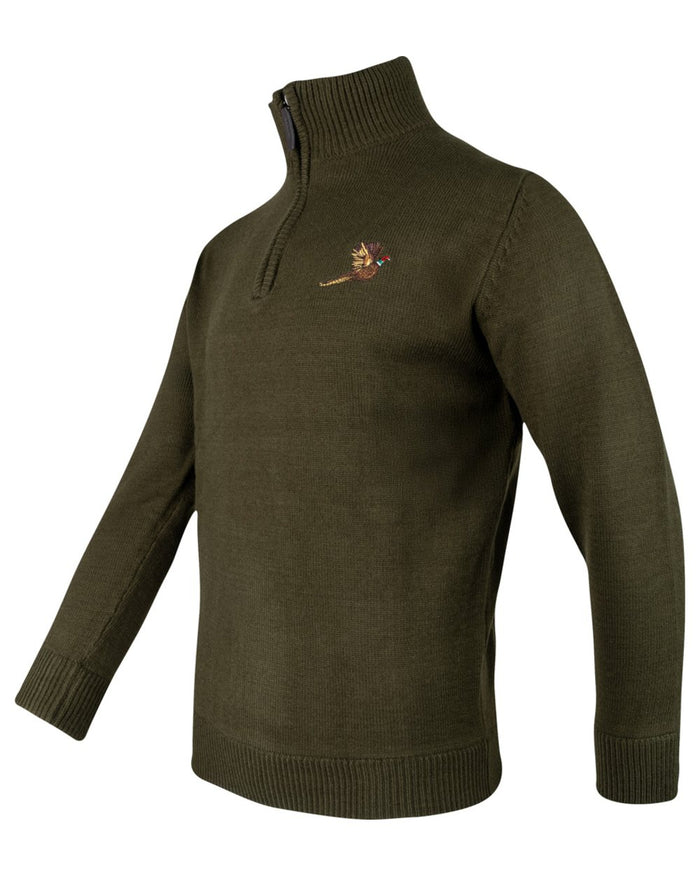Olive Coloured Jack Pyke Mens Pheasant Zip Neck Pullover on white background #colour_olive
