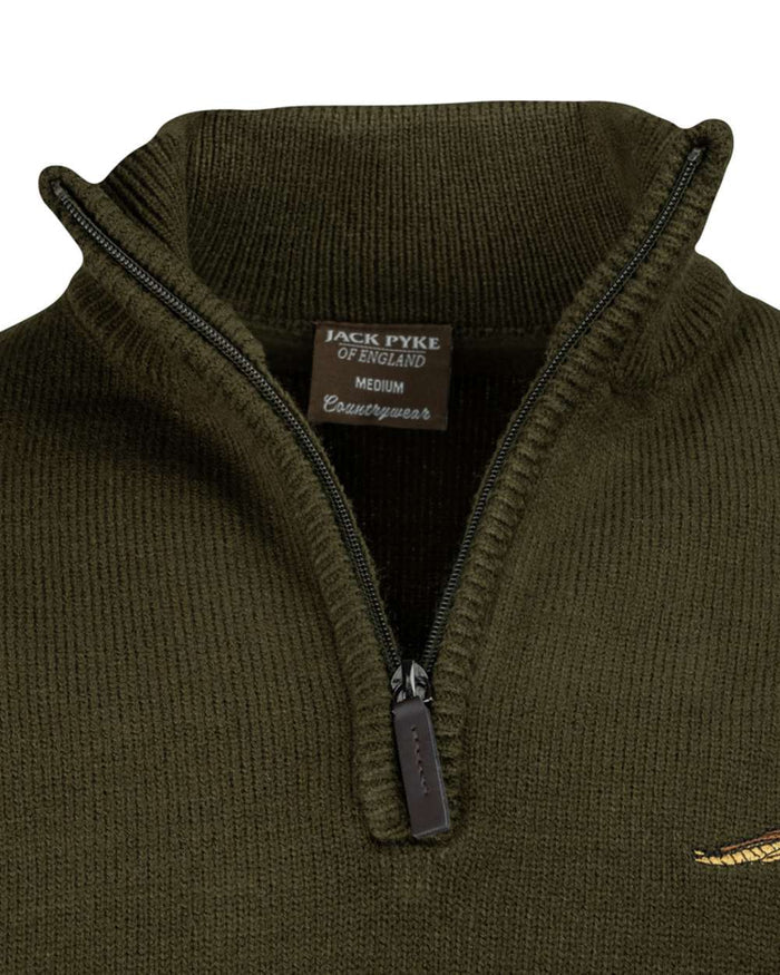 Olive Coloured Jack Pyke Mens Pheasant Zip Neck Pullover on white background #colour_olive