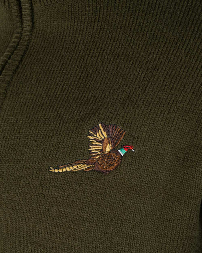 Olive Coloured Jack Pyke Mens Pheasant Zip Neck Pullover on white background #colour_olive
