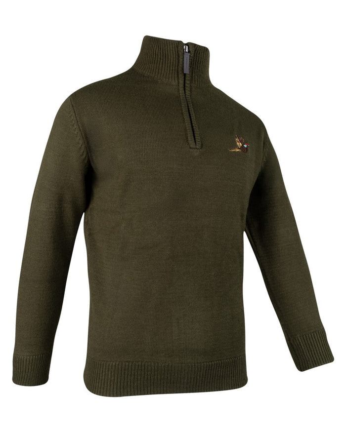 Olive Coloured Jack Pyke Mens Pheasant Zip Neck Pullover on white background #colour_olive