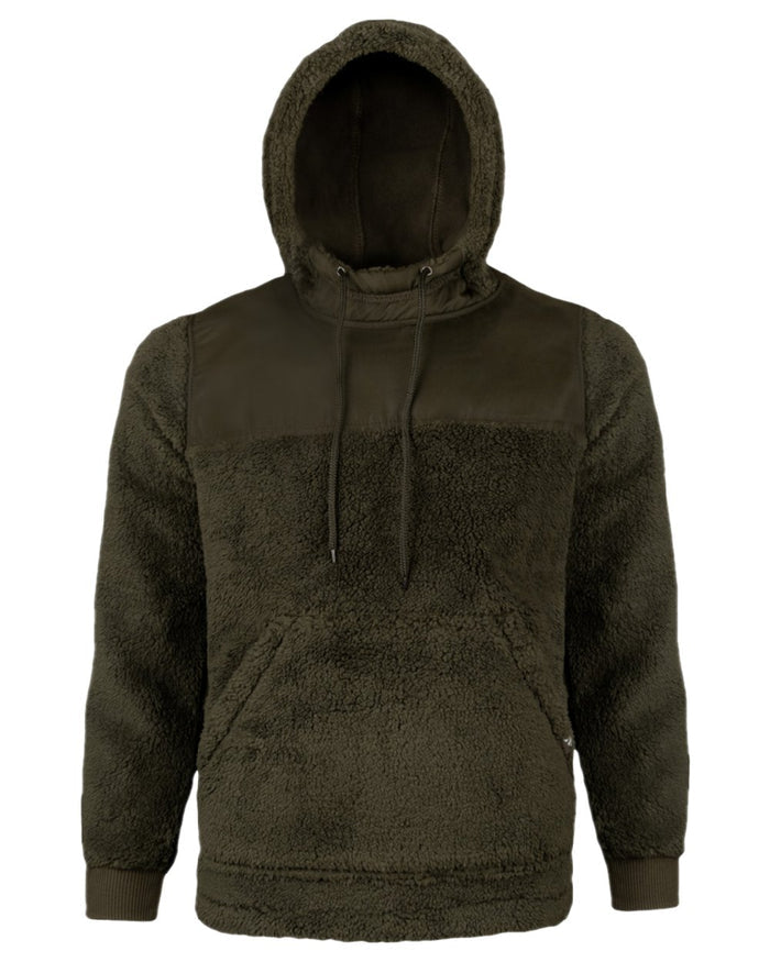 Dark Olive Coloured Jack Pyke Mens Sherpa Fleece Hoodie Gen 2 on white background #colour_dark-olive