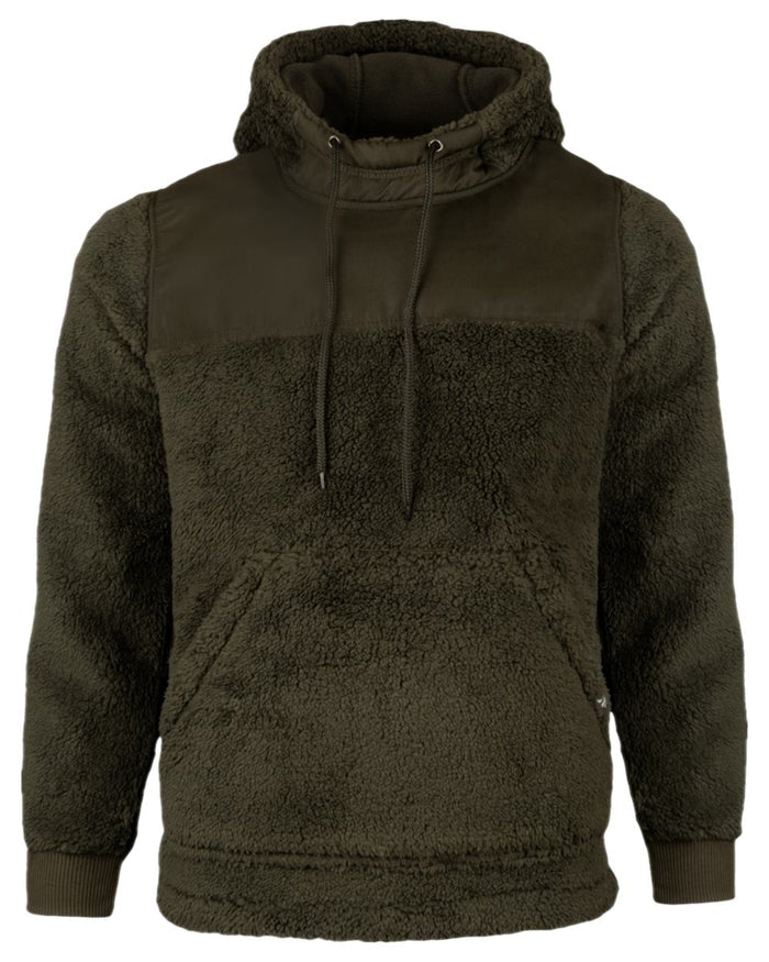 Dark Olive Coloured Jack Pyke Mens Sherpa Fleece Hoodie Gen 2 on white background #colour_dark-olive