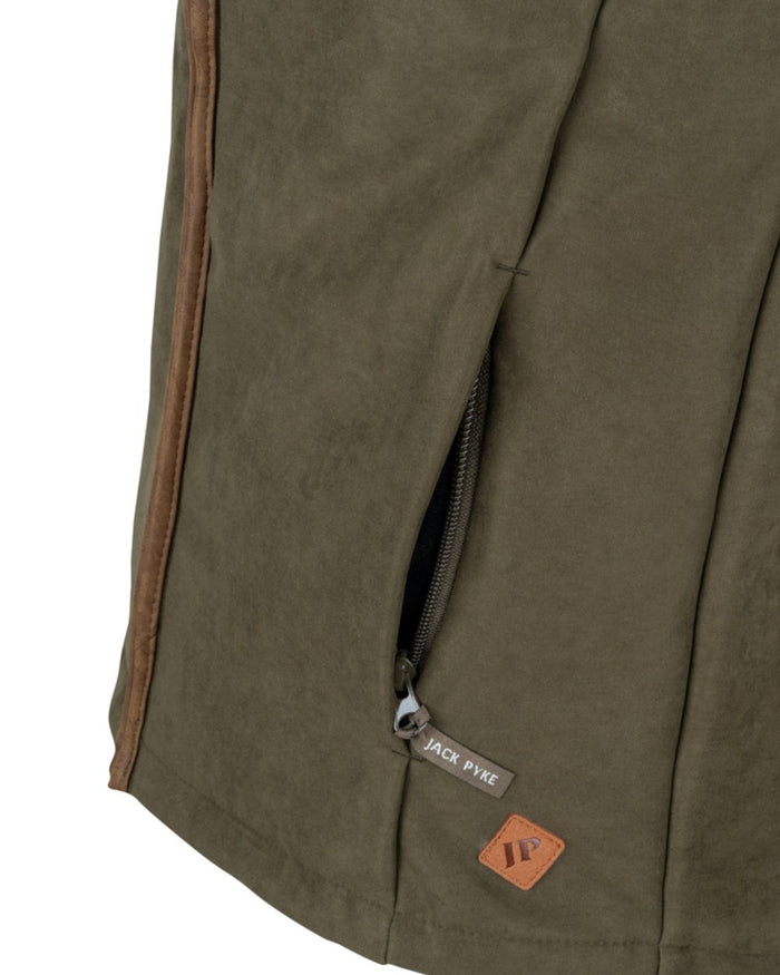 Dark Olive coloured Jack Pyke Mens Technical Moleskin Gilet on white background #colour_dark-olive