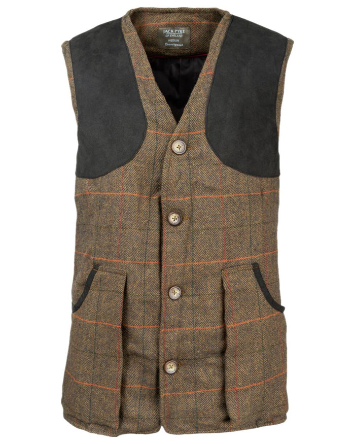 Brown Coloured Jack Pyke Mens Tweed Shooting Vest on white background #colour_brown