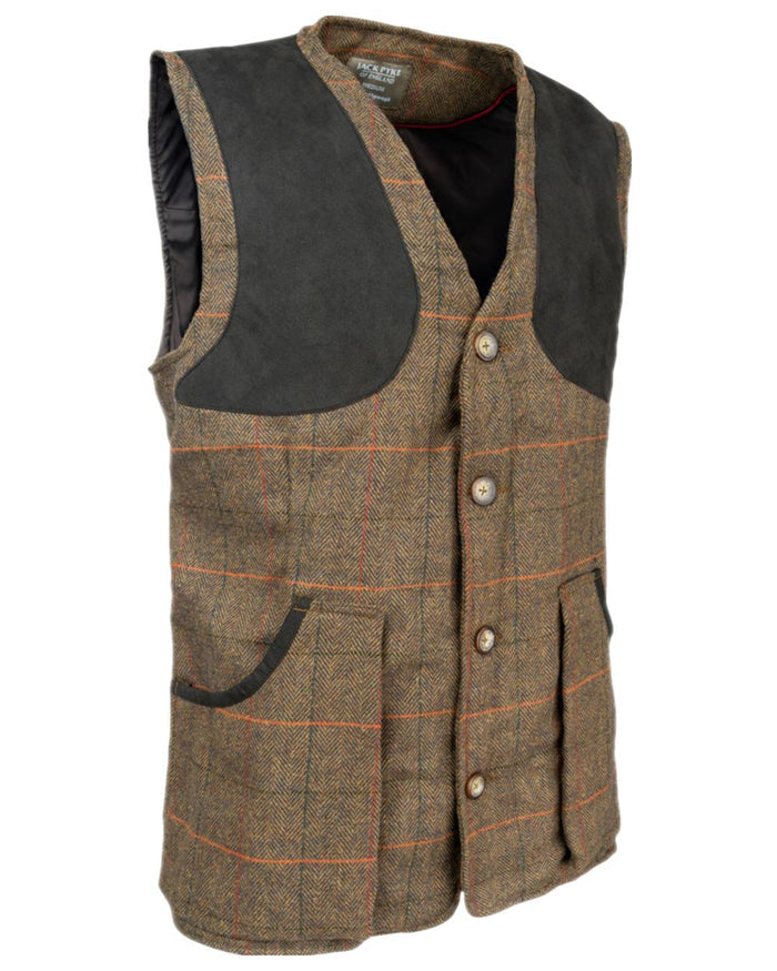 Brown Coloured Jack Pyke Mens Tweed Shooting Vest on white background #colour_brown
