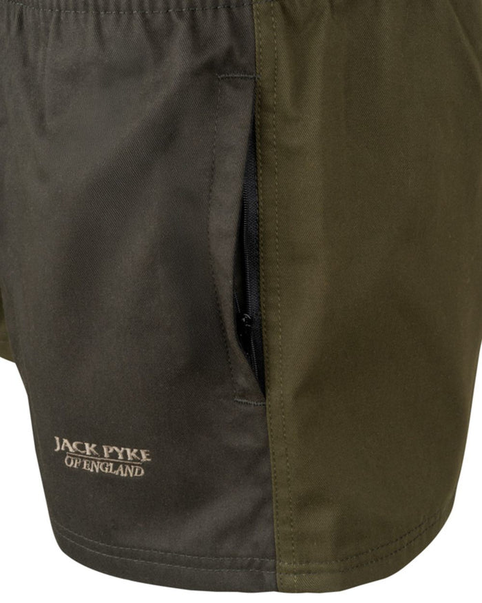 Dark Olive coloured Jack Pyke Mens Yakka Shorts on white background #colour_dark-olive