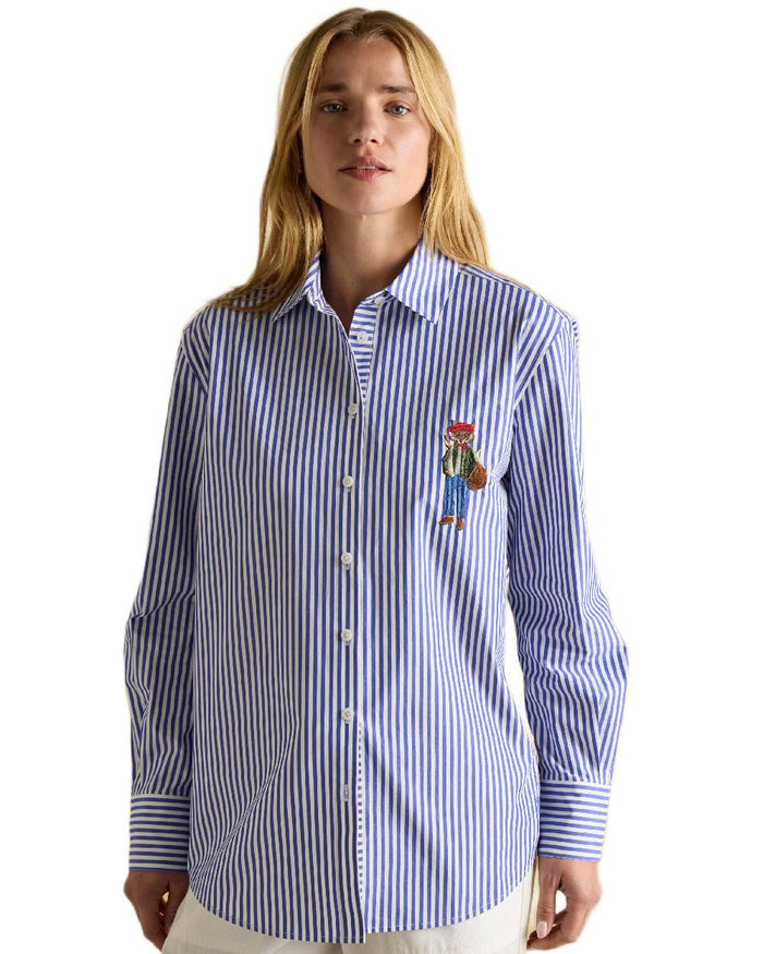 Blue White Coloured Joules Amilla Boyfriend Fit Shirt on white background #colour_blue-white