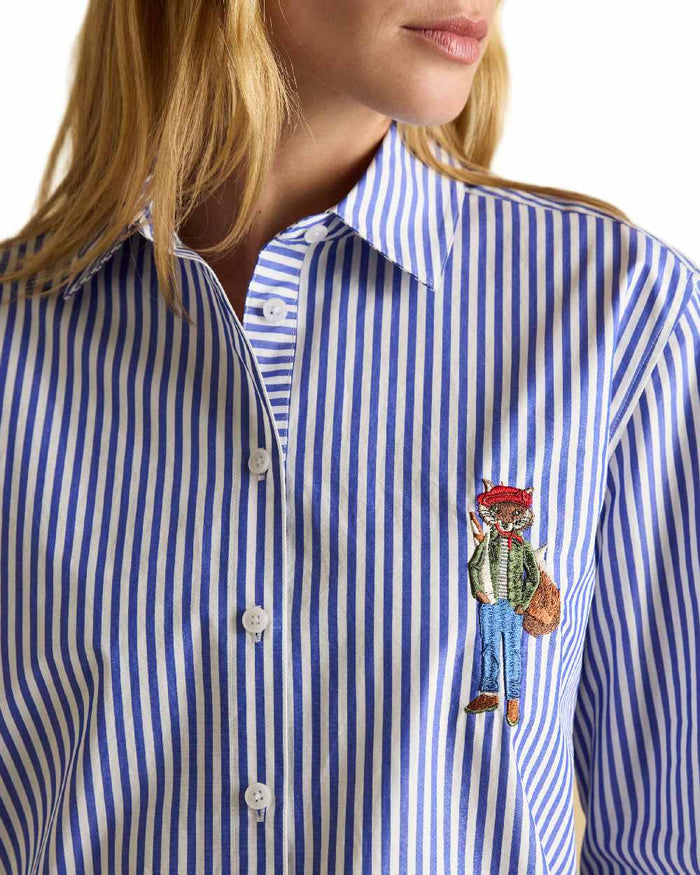 Blue White Coloured Joules Amilla Boyfriend Fit Shirt on white background #colour_blue-white