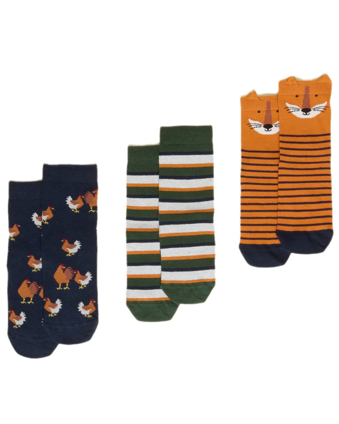 Orange Navy Coloured Joules Childrens Neat Feet 3 Pack Socks on white background #colour_orange-navy