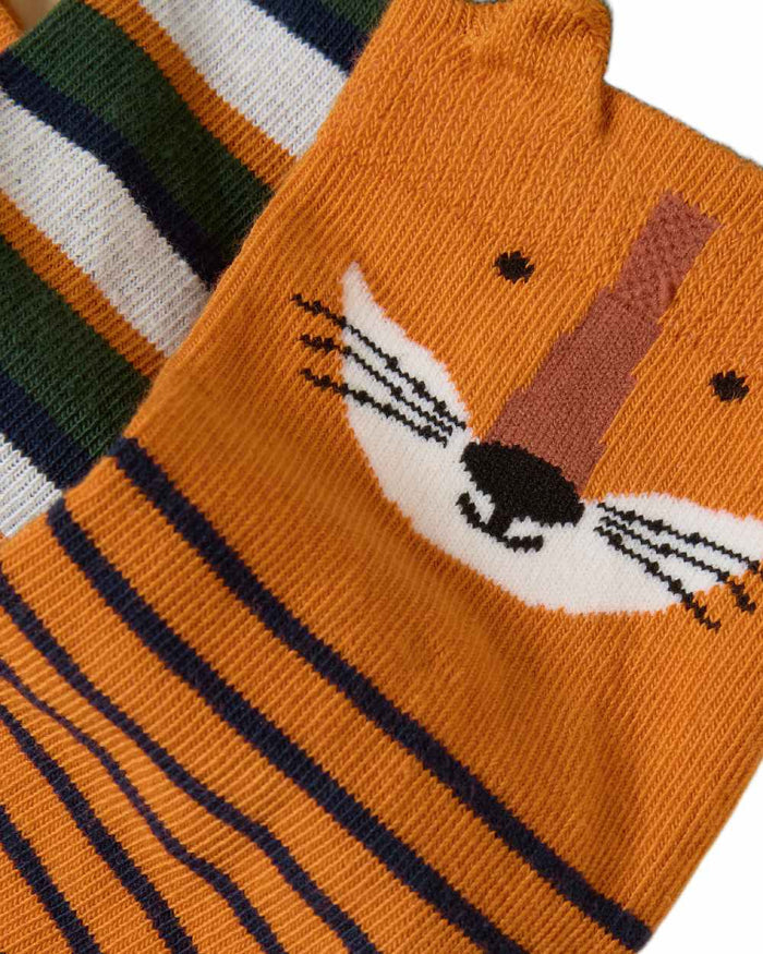 Orange Navy Coloured Joules Childrens Neat Feet 3 Pack Socks on white background #colour_orange-navy