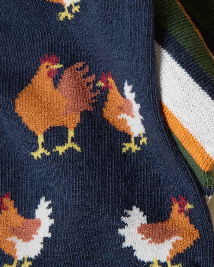 Orange Navy Coloured Joules Childrens Neat Feet 3 Pack Socks on white background #colour_orange-navy