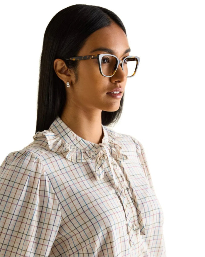 Tattersal Check coloured Joules Harper Pussybow Tie Blouse on White Background #colour_tattersal-check