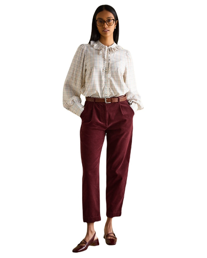Tattersal Check coloured Joules Harper Pussybow Tie Blouse on White Background #colour_tattersal-check