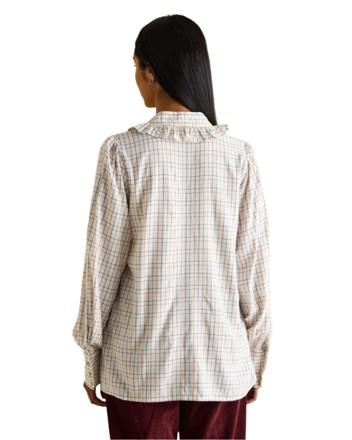 Tattersal Check coloured Joules Harper Pussybow Tie Blouse on White Background #colour_tattersal-check