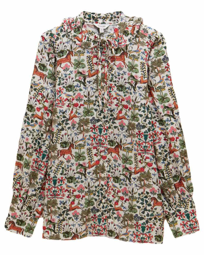 Mystical Forest Print coloured Joules Harper Pussybow Tie Blouse on White Background #colour_mystical-forest-print