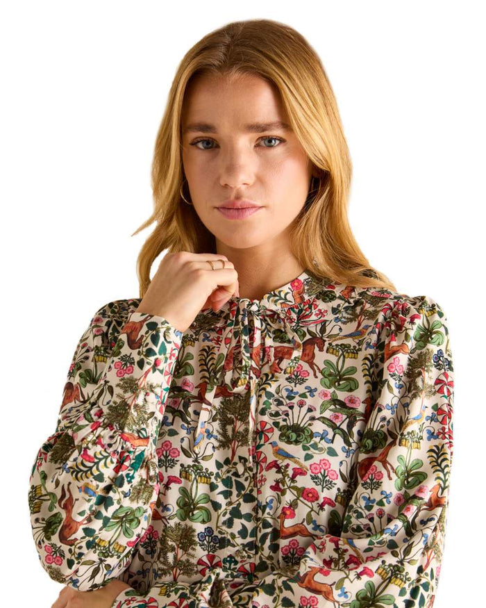 Mystical Forest Print coloured Joules Harper Pussybow Tie Blouse on White Background #colour_mystical-forest-print