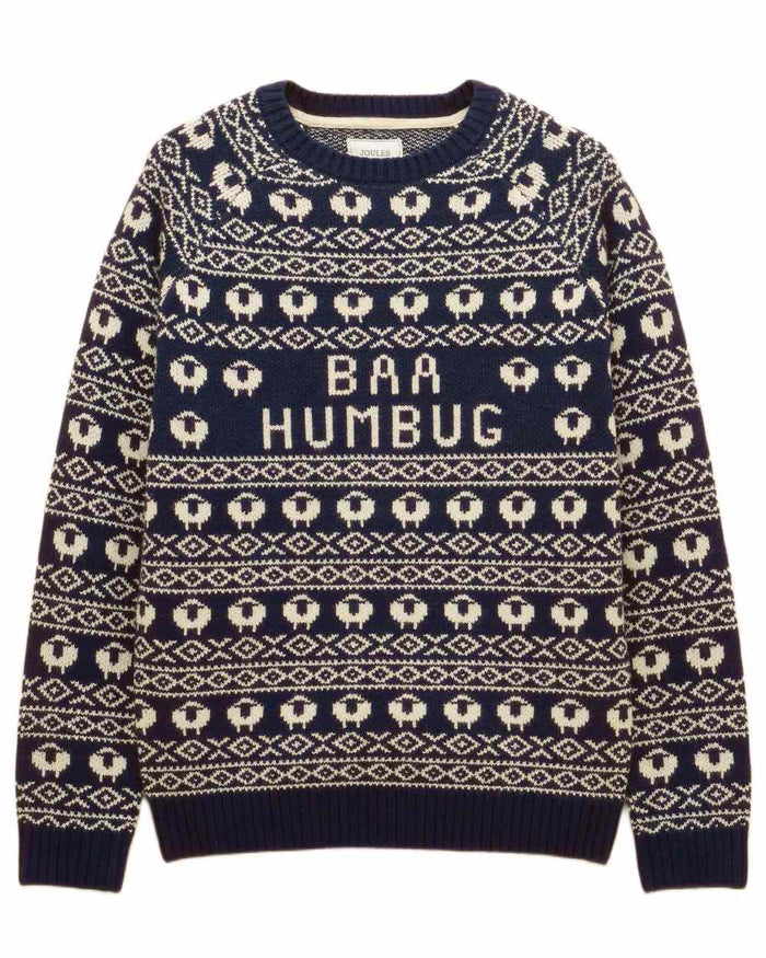 Navy Coloured Joules Mens Baa Humbug Intarsia Christmas Jumper on white background #colour_navy