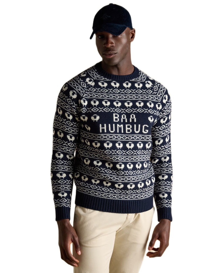 Navy Coloured Joules Mens Baa Humbug Intarsia Christmas Jumper on white background #colour_navy
